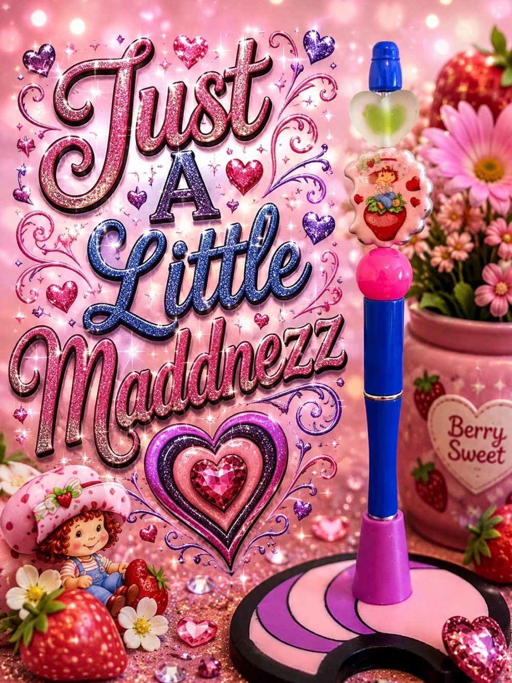 Blue Pink Novelty Pen with Heart & Strawberry Charm